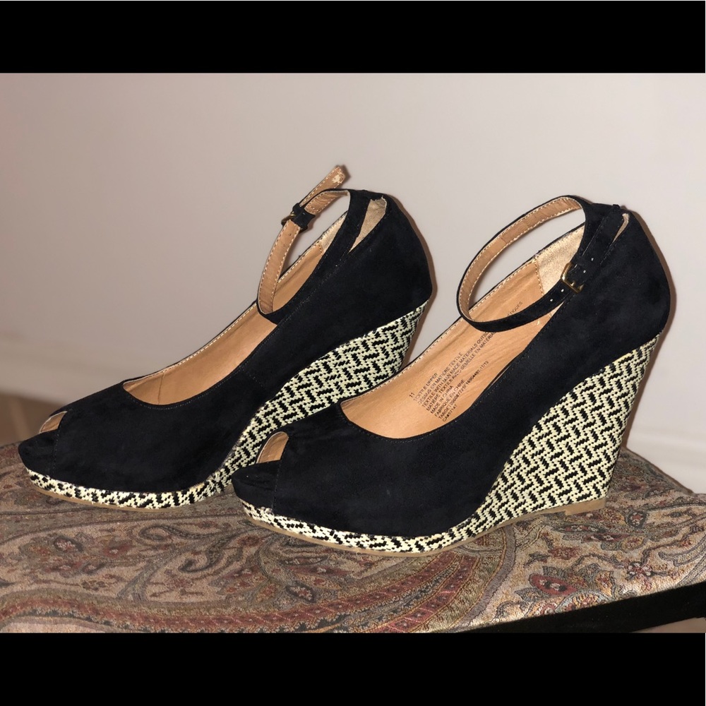 Black Suede & Textile Slingback Platform Wedges